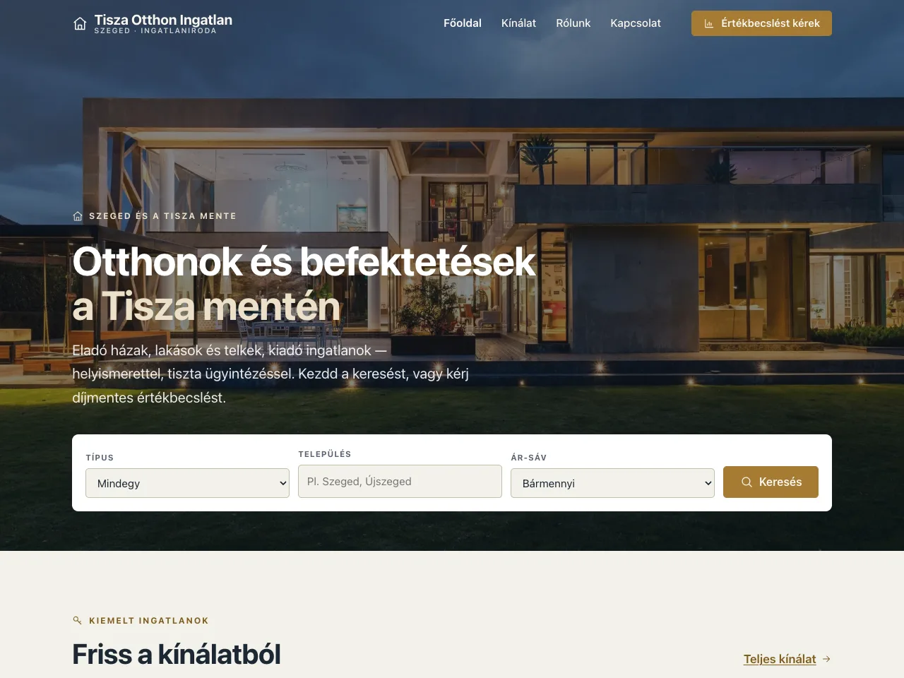 Tisza Otthon Ingatlan — ingatlanos weboldal készítés minta