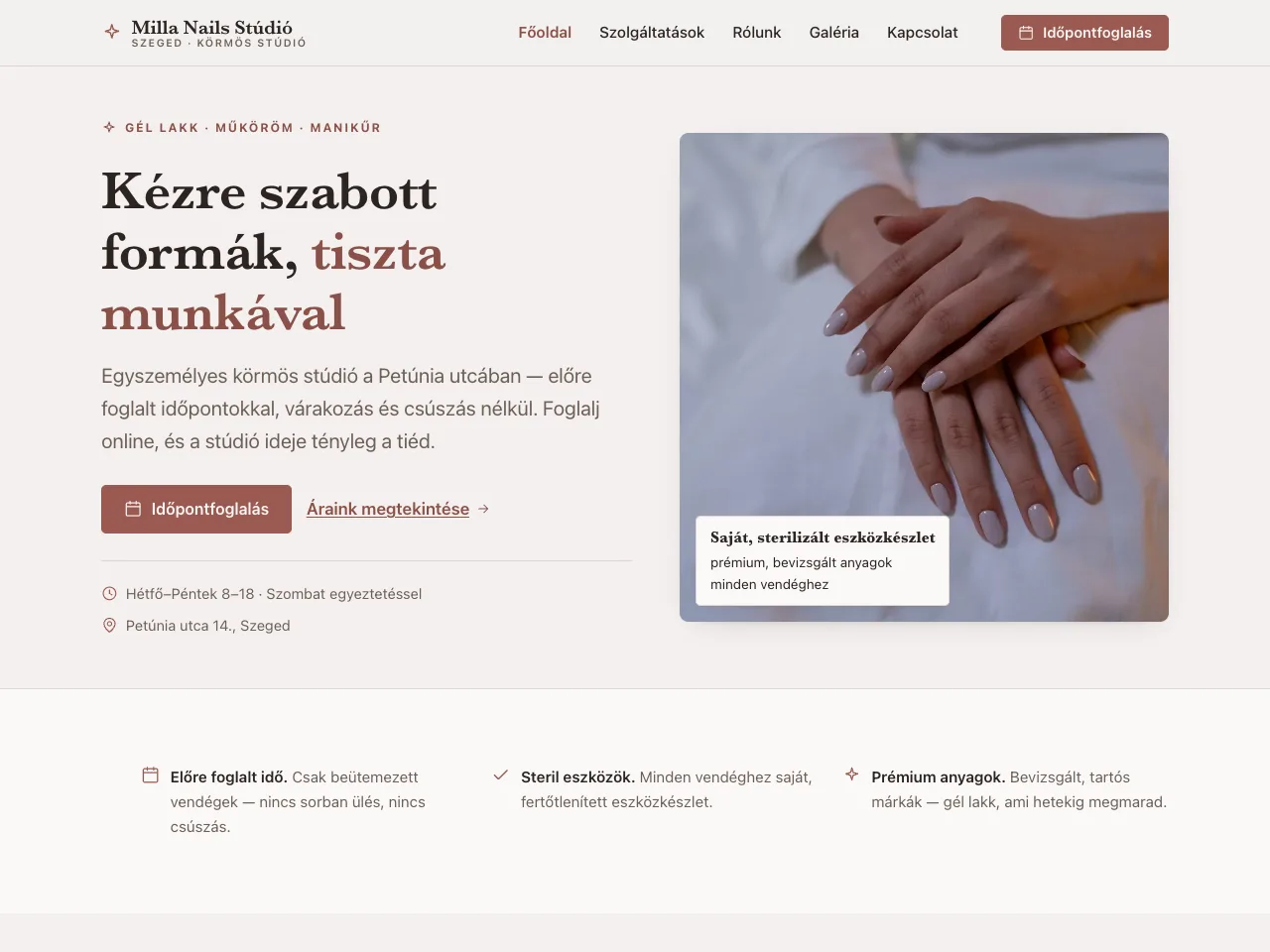 Milla Nails Stúdió — körmös weboldal készítés minta